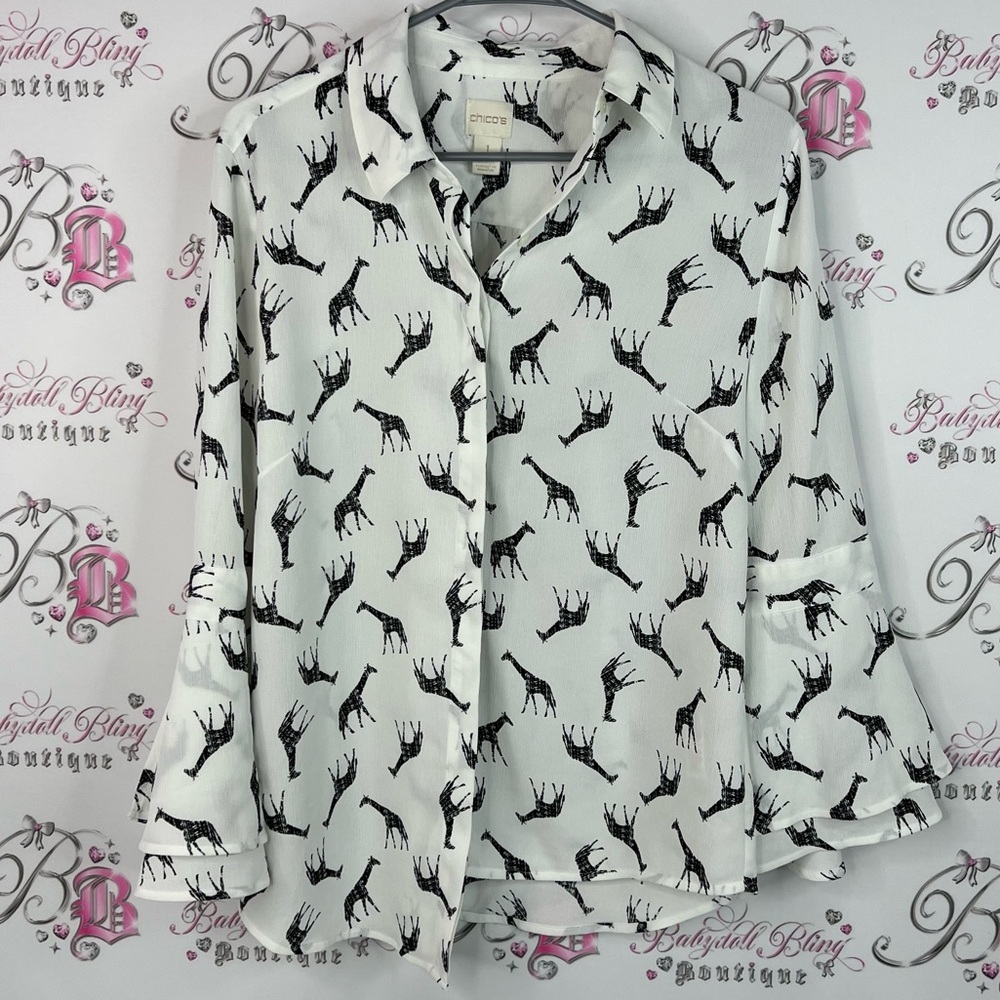 Chico's long sleeve ruffle hem Black White Animal Print Button Down Shirt